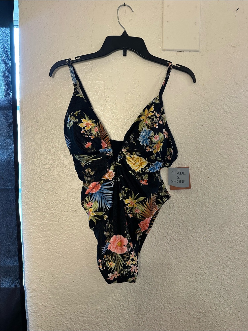 Shade & Shore Black Floral One-Piece Swimsuit with Multicolor Blossoms